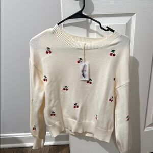 Jessica Simpson Cream and Red Crew Neck Sweater with Whimsical Cherry Pattern